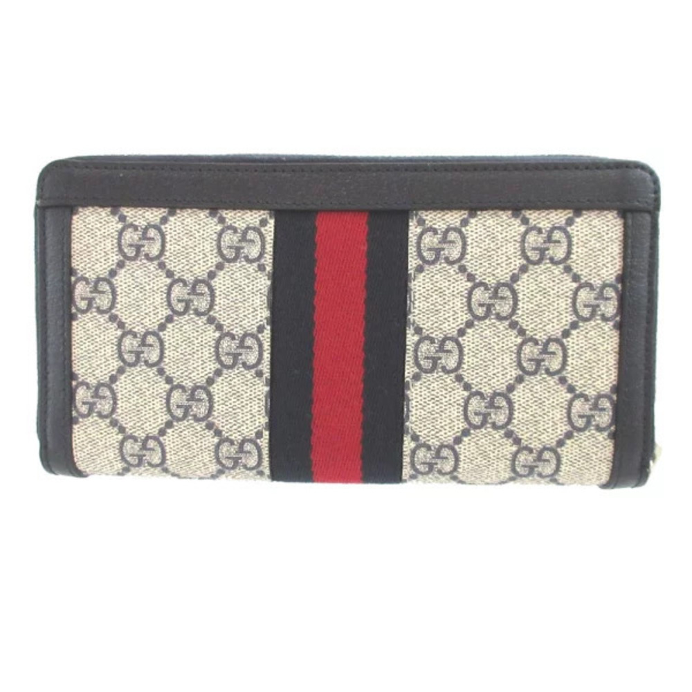 Gucci Ophidia GG Supreme leather beige Navy Blue round zipper long wallet - Picture 2 of 6
